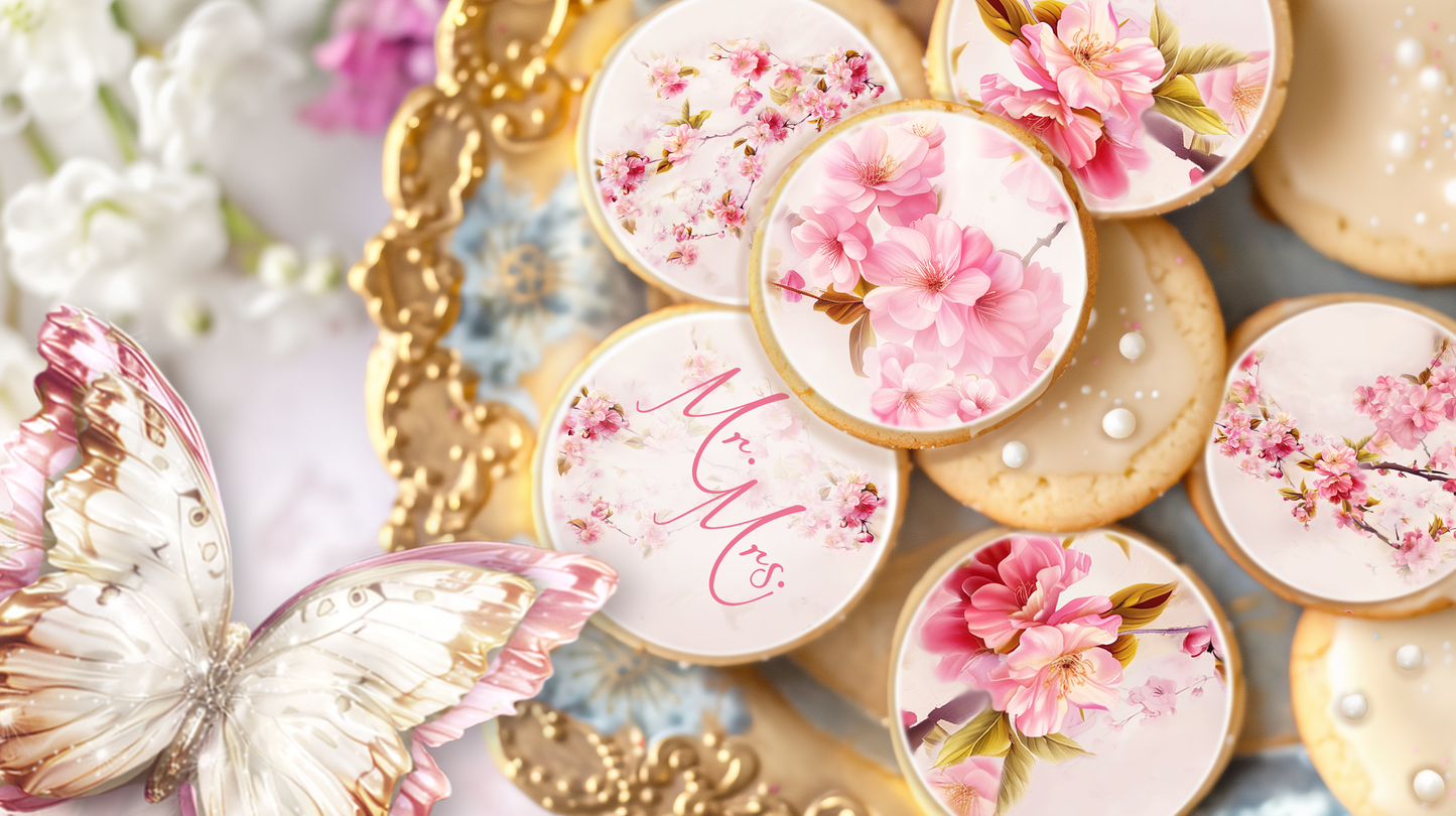 Coquette wedding cookie topper designs, vintage apple blossom flowers, shabby chic edible art