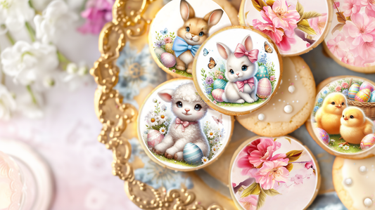 Decorative cookies with Easter-themed illustrations of bunnies, chicks, and flowers on a decorative plate.