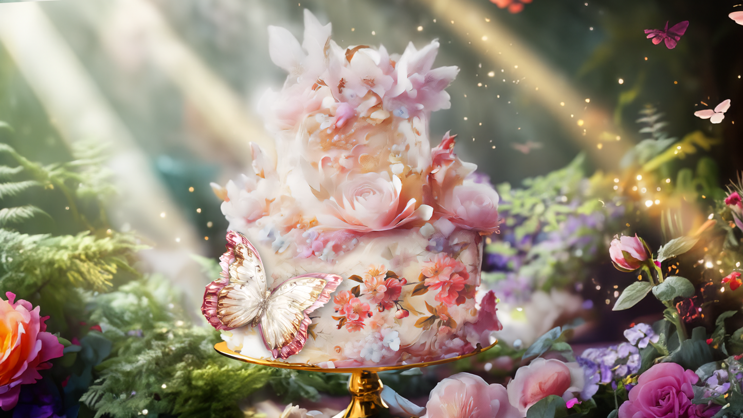 Coquette style wedding cake printable edible art with pink vintage roses and butterflies