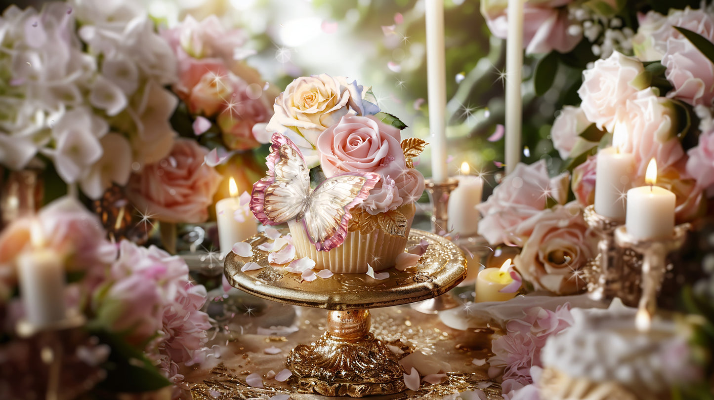 Printable coquette cupcake toppers with roses and butterflies for bridal shower treats