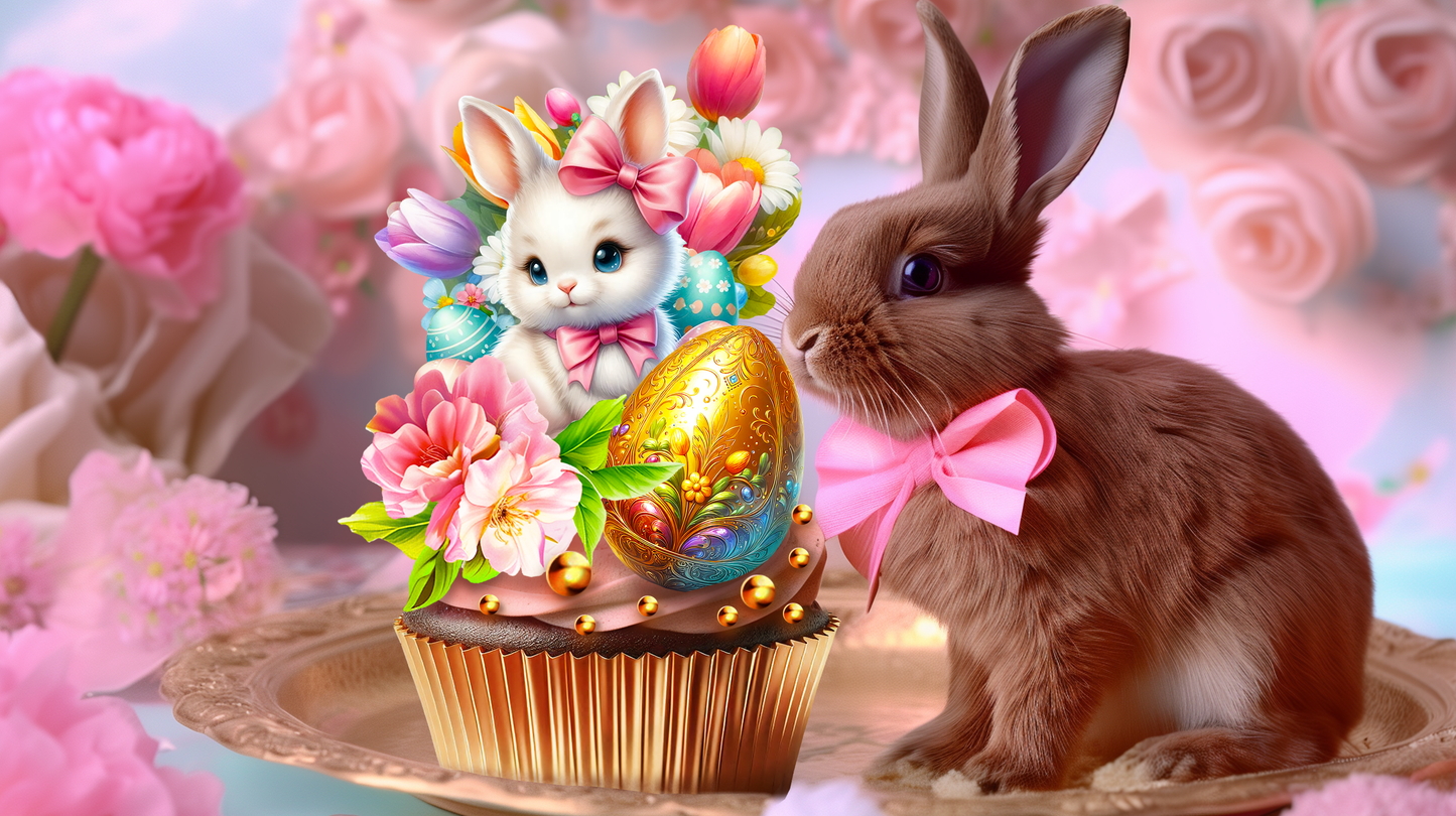 Decorative Easter cupcake with bunny and eggs, surrounded by flowers and a real rabbit.