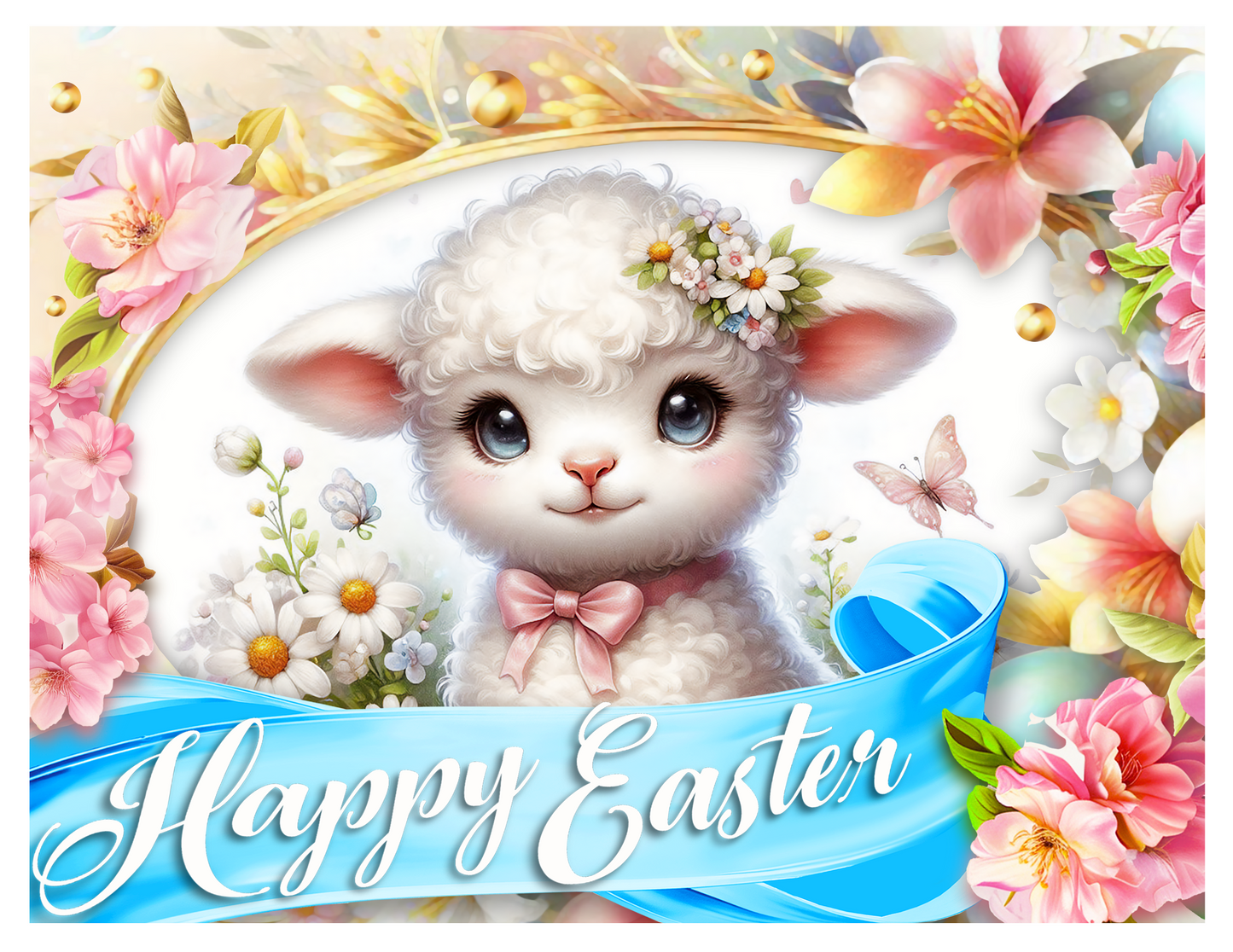 Cartoon lamb with flowers and 'Happy Easter' banner