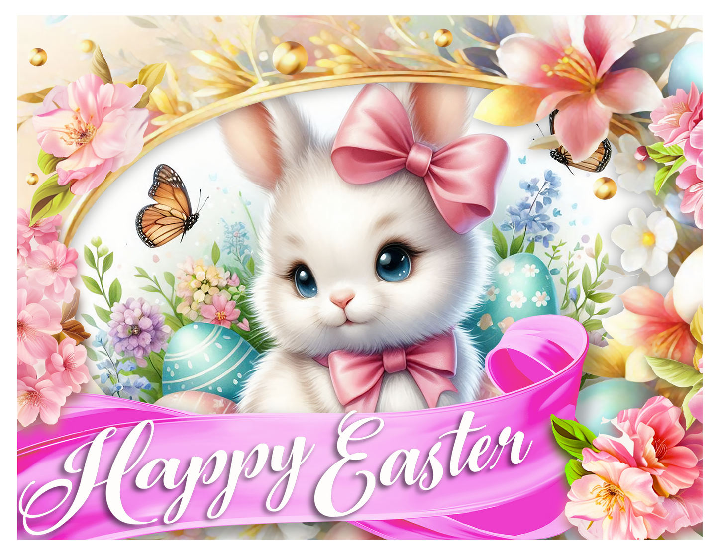 Easter-themed image with a white rabbit, flowers, and 'Happy Easter' text.