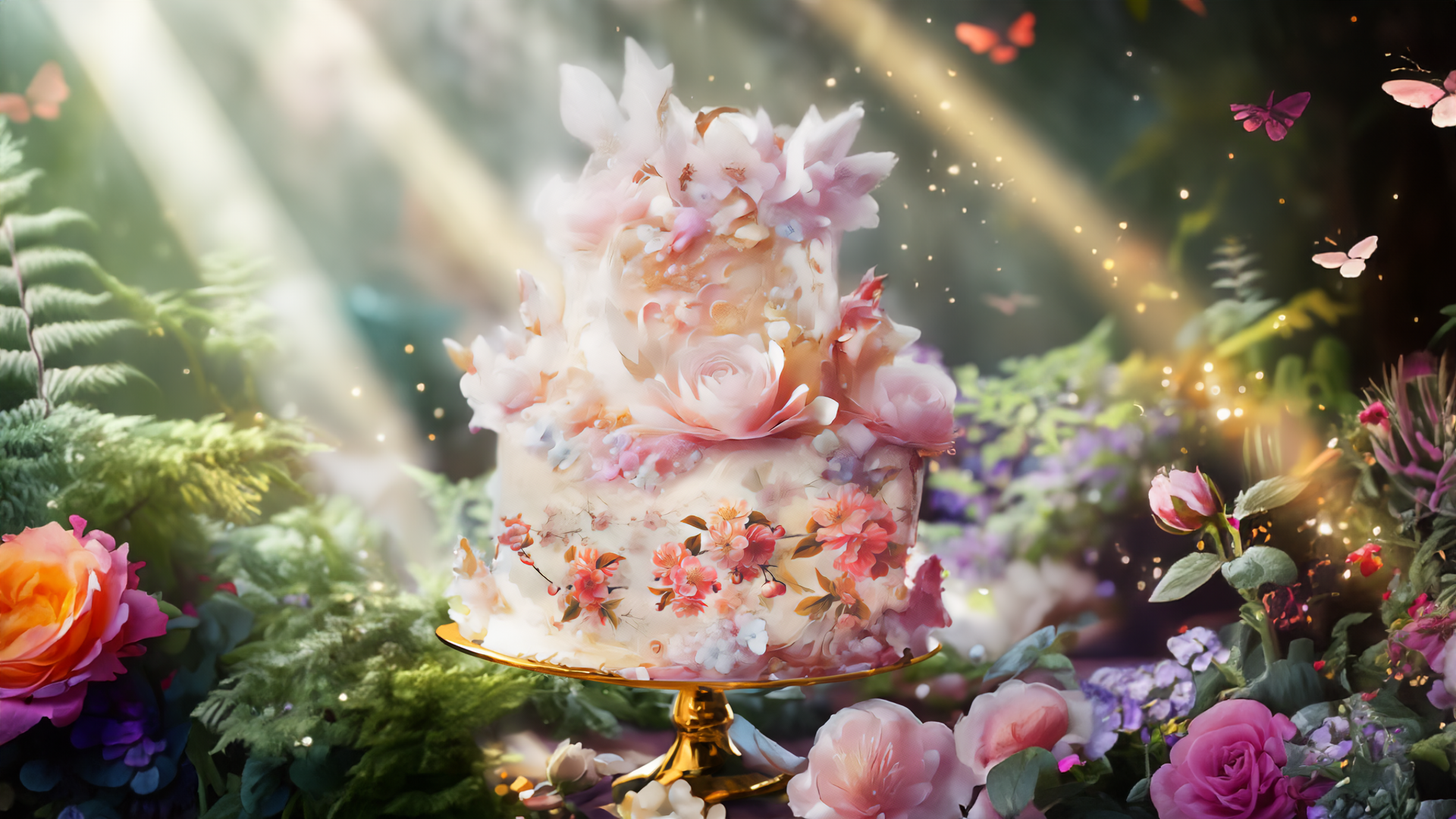Decorative cake with floral designs in a fantasy garden setting with butterflies and sunlight.