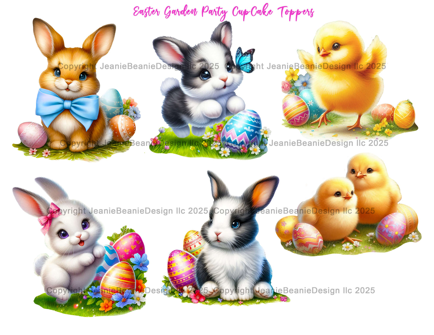 Easter-themed cupcake toppers with bunnies, chicks, and eggs on a white background.