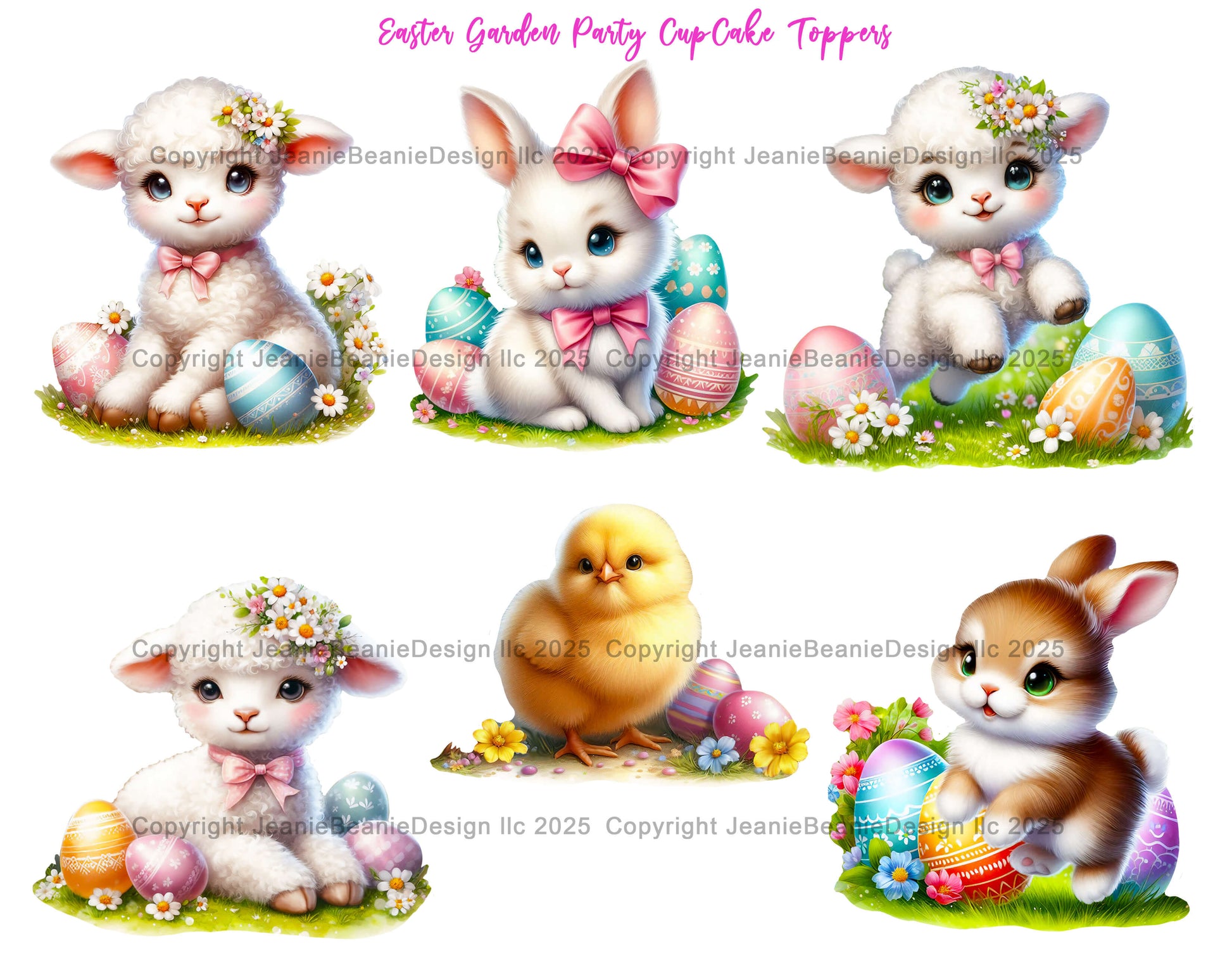 Easter-themed cupcake toppers with lambs, bunnies, and chicks on a white background.