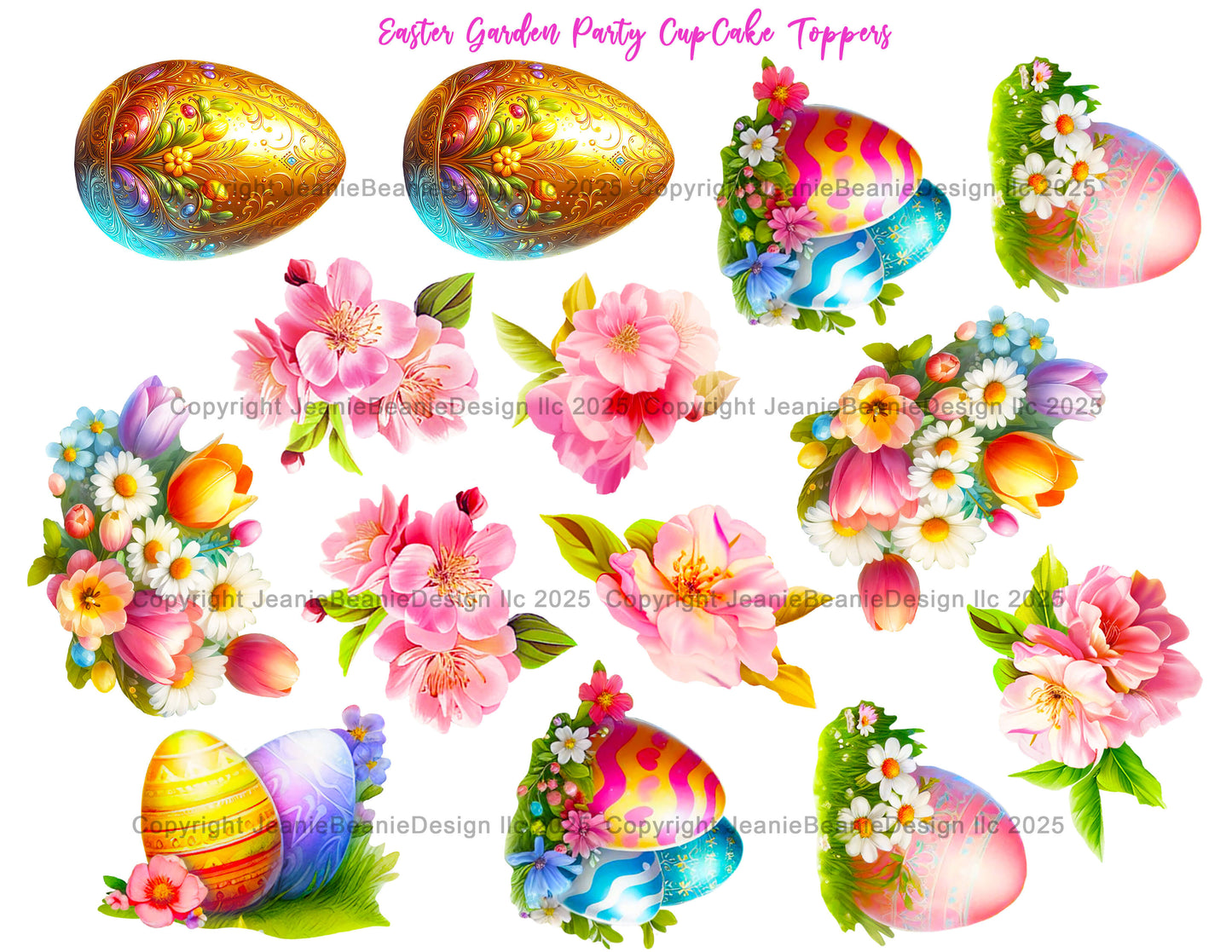 Colorful Easter egg and floral cupcake toppers on a white background