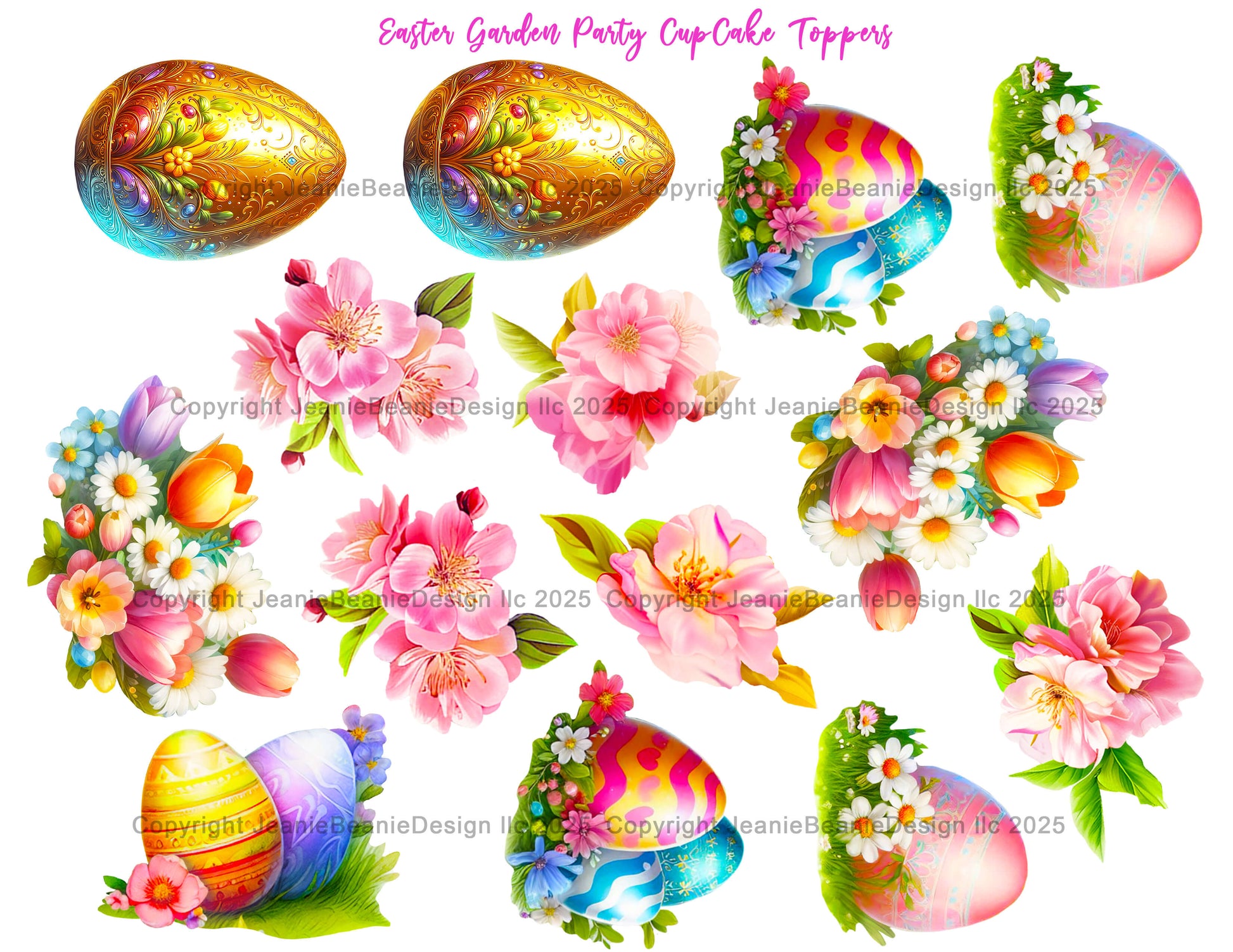Colorful Easter egg and floral cupcake toppers on a white background