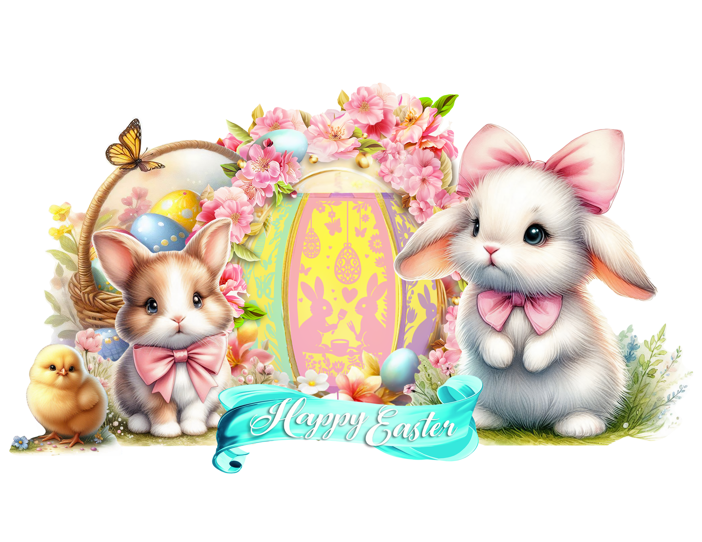 Easter-themed light up lantern decoration with bunnies, eggs, and flowers on a white background