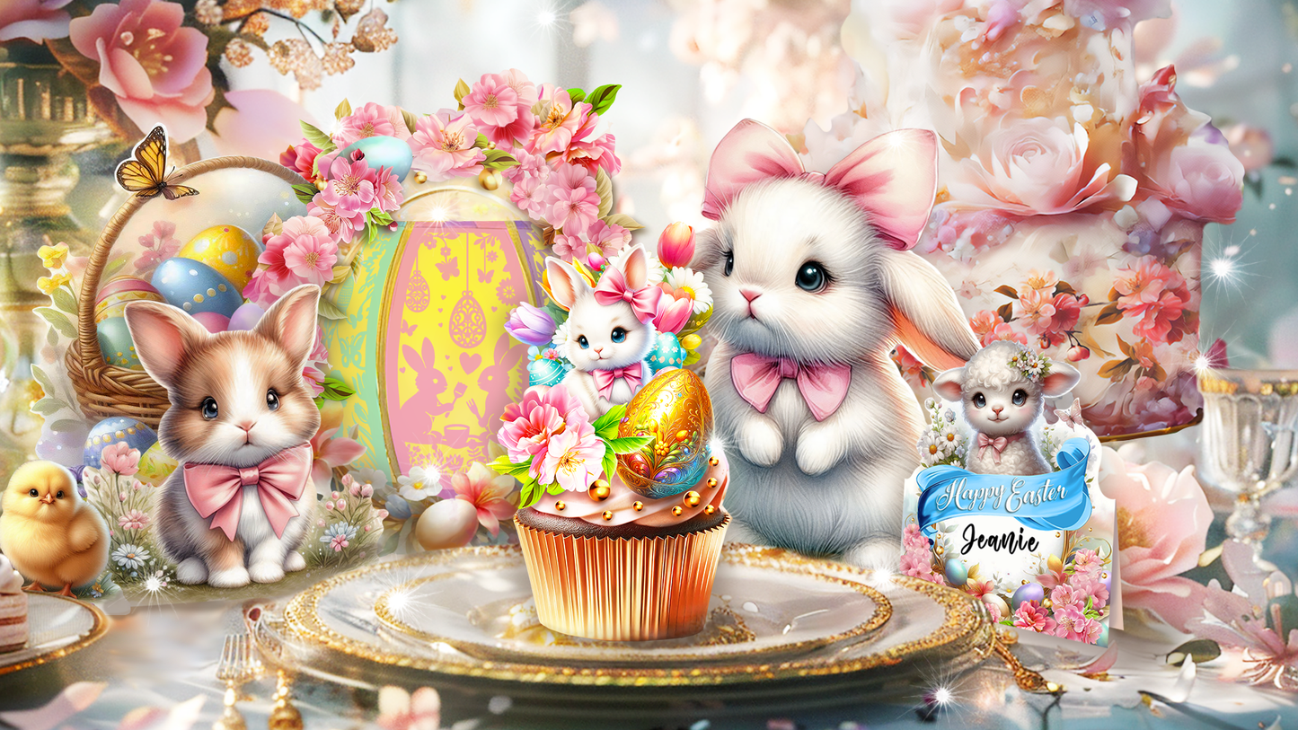 Easter-themed scene with bunnies, eggs, and a cupcake on a decorative table.