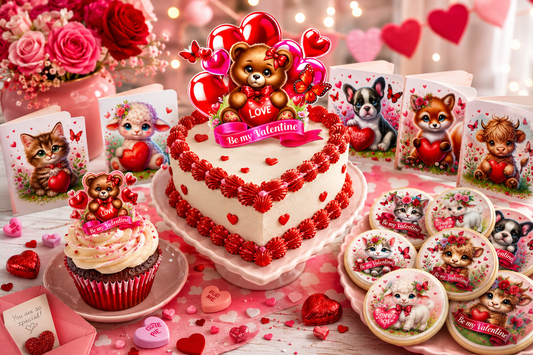 Cute Valentine Animals Party Printables Bundle – Cake, Cupcake & Cookie Toppers, Valentine Cards
