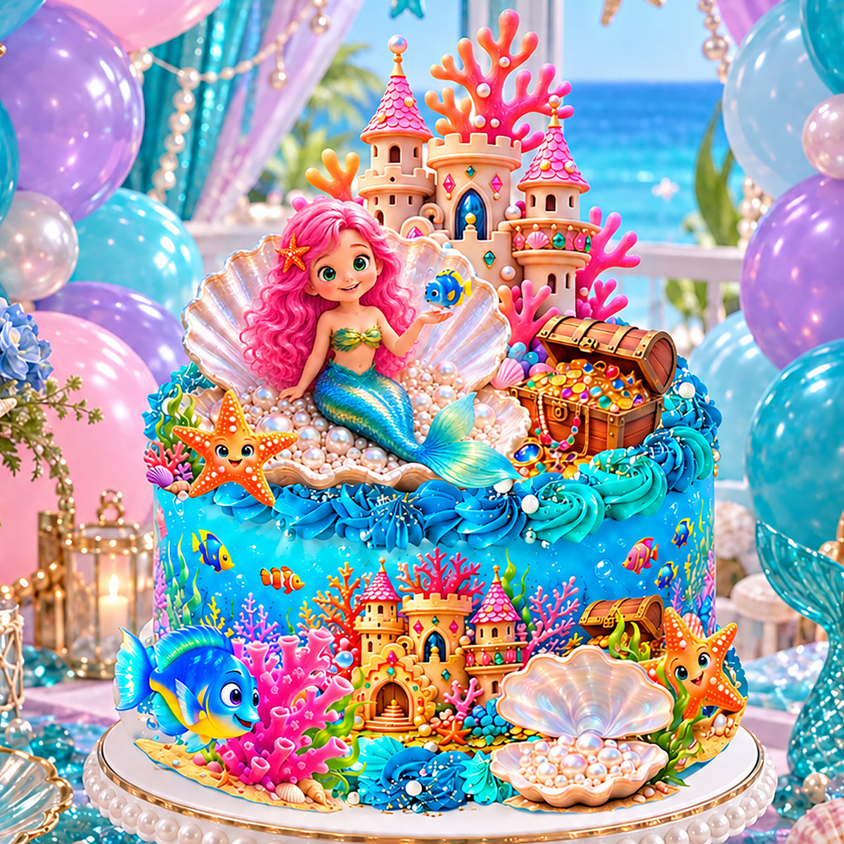 Mermaid Birthday Cake & Cupcake Toppers