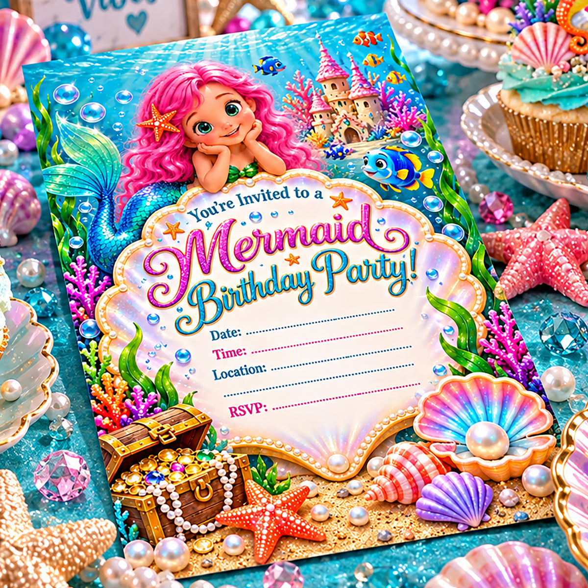Mermaid Birthday Cake & Cupcake Toppers