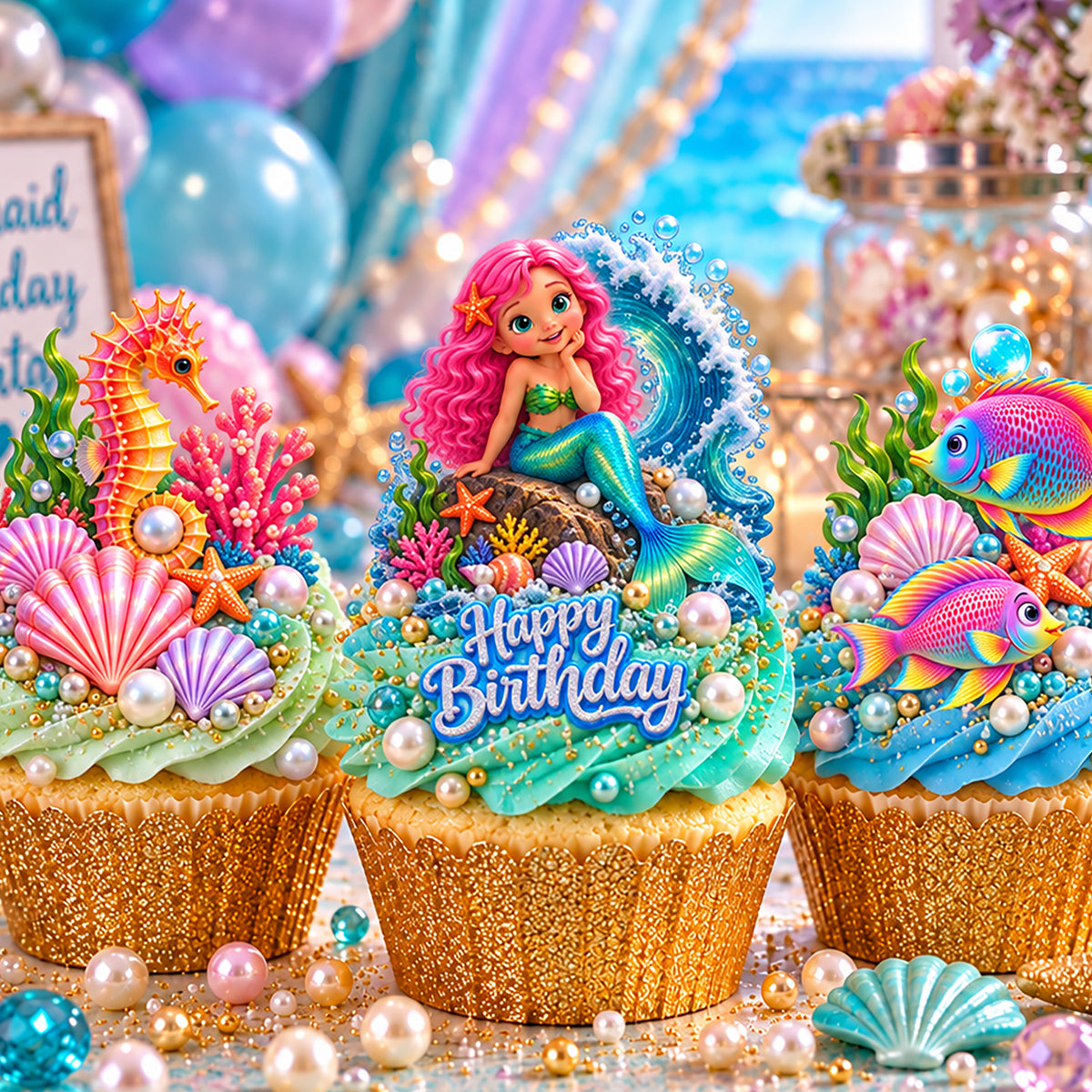 Mermaid Birthday Cake & Cupcake Toppers