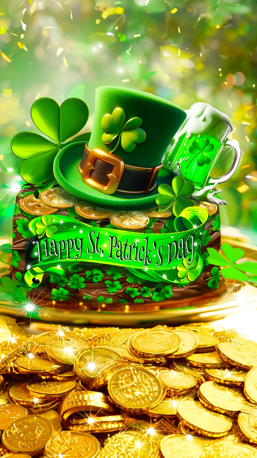 St. Patrick's Day cake with green hat, shamrock, and gold coins on a green background.