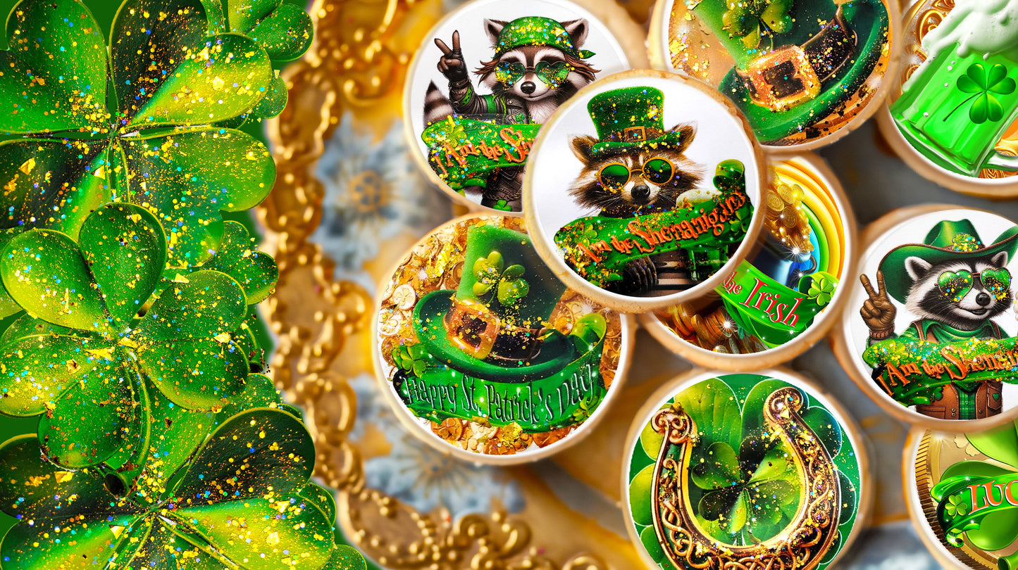 St Patrick's Day Cookie toppers with Drunk Raccoon, Leprechaun hat, lucky gold horseshoe, green beer mug and lucky four leaf clover