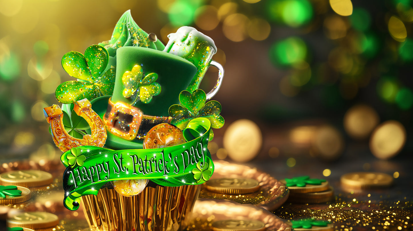 Decorative Cupcake with St. Patrick's Day theme on a gold background with coins and lights.