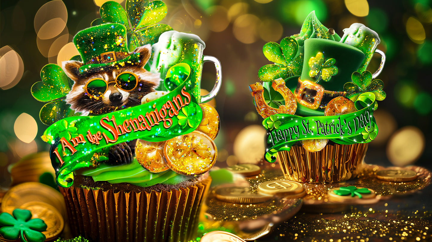 Two cupcakes decorated for St. Patrick's Day with Raccoon Topper, leprechaun hats, green clover, gold coins, and glitter.