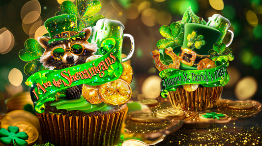 Two cupcakes decorated for St. Patrick's Day with Raccoon Topper, leprechaun hats, green clover, gold coins, and glitter.