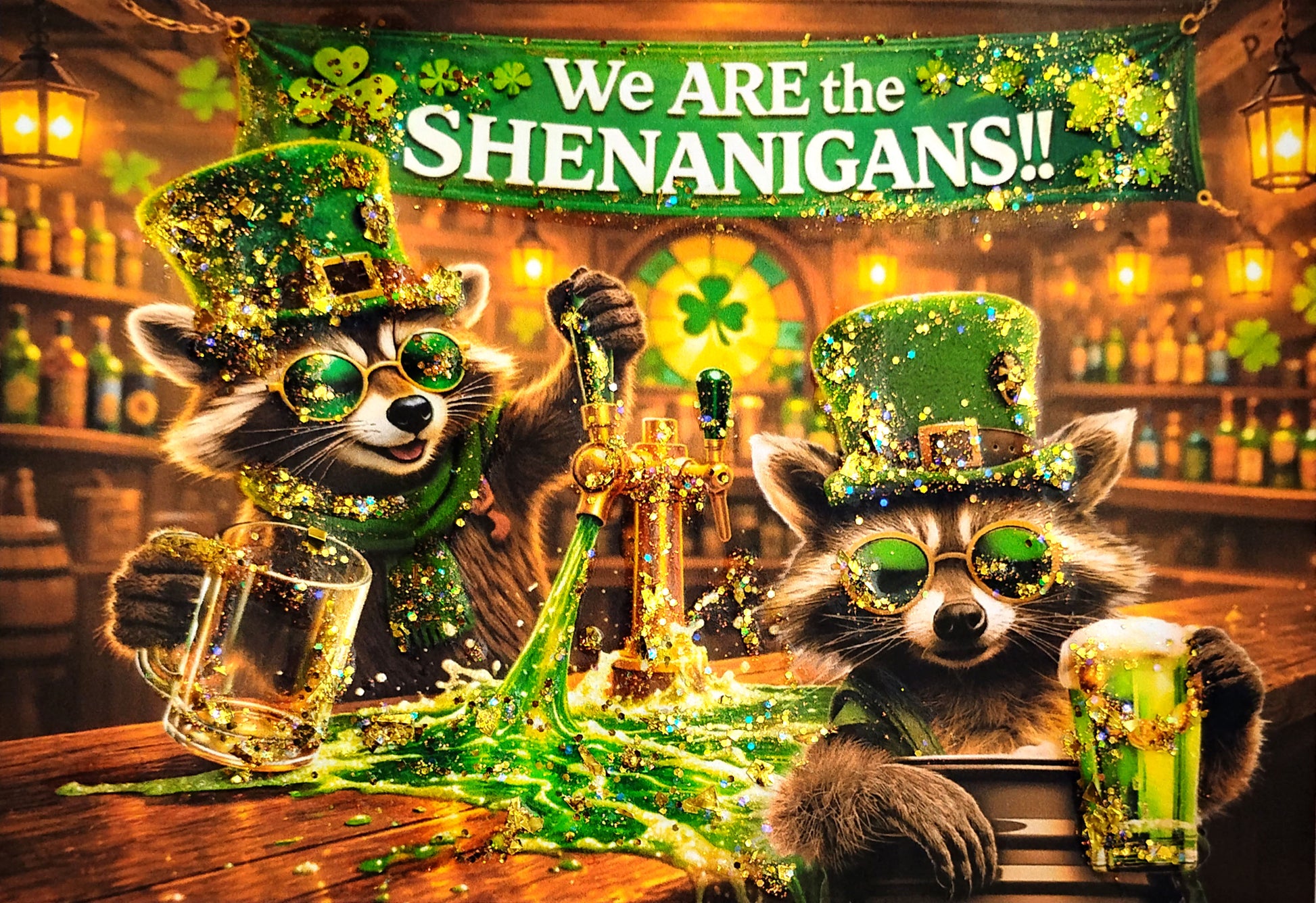 Sheet Cake Design, Two Drunk Raccoons in St Patrick's Day hats with green drinks in a bar setting, with a sign above them reading 'We ARE the SHENANIGANS!!'.